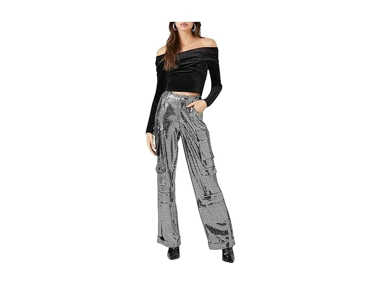 Forever 21 Women (L) Metallic Wide-leg Pants Black