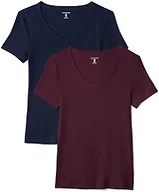 Amazon Essentials Women's 2-Pack Slim-Fit Short-Sleeve V-Neck T-Shirt, Burgundy/Navy, Large