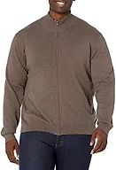 Amazon Essentials Men's Full-Zip Cotton Sweater, Ribbed Funnel Neck, Brown Heather, Small
