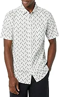 Amazon Essentials Men's Short Sleeve Button Down Shirt, Stretch Cotton, Blue Peach Plaid, Available in Big & Tall, Light Blue, Bird Print, X-Large