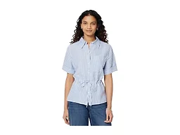 Amazon Essentials Women's Relaxed-Fit Linen Blend Wide Sleeve Shirt with Adjustable Waist, Blue White Even Stripe, Large