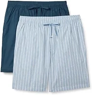 Amazon Essentials Men's Breathable Cotton Poplin Pajama Shorts with Drawstring, Elastic Waistband, Pack of 2, Indigo/Stripe, XX-Small