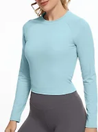 GGOV Womens Long Sleeve Crop Workout Tops Yoga Cropped Top Gym Shirts Athletic Clothes Slim Fit Blue