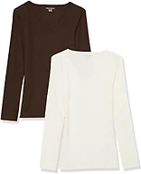 Amazon Essentials Women's Slim-Fit Long Sleeve V-Neck Knit Rib Shirts (Available in Plus Size), Pack of 2, Eggshell White/Espresso, Medium