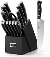 WANGMAZI 15 Pcs Knife Set with Block, Dishwasher Safe Kitchen Knife Set with Built in Sharpener Block, High Carbon Stainless Steel Dishwasher Safe Knives with Ergonomic Handles for Chef, Black Pro