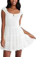 AEROPOSTALE Women's Smocked Waist Short Sleeve Mini Dress, Ivory, Large
