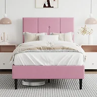 IOILORI Twin Size Bed Frame Platform with Velvet Upholstered Headboard, Sturdy Wooden Slats, No Spring Box, No Noise, Easy to Assemble, Light Grey Bedframe with Strong Wooden Slats, Pink