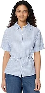 Amazon Essentials Women's Relaxed-Fit Linen Blend Wide Sleeve Shirt with Adjustable Waist, Blue White Even Stripe, X-Large