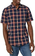 Amazon Essentials Men's Short Sleeve Button Down Shirt, Stretch Cotton, Blue Peach Plaid, Available in Big & Tall, Navy/Red, Plaid, Medium