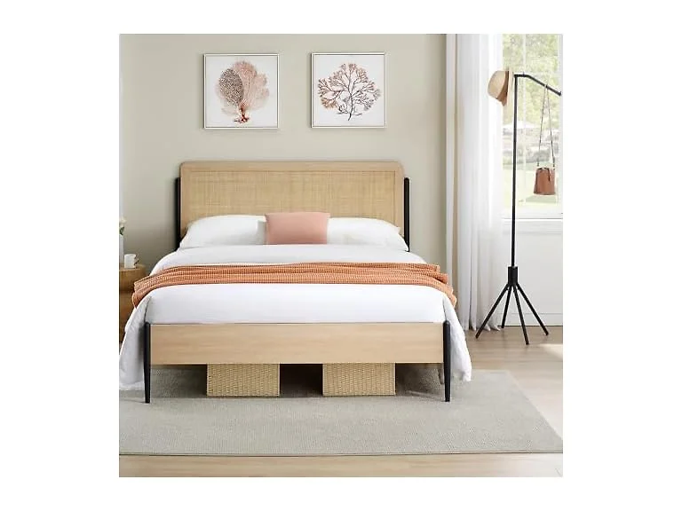 Queen Boho Bed Rattan Headboard Wood Oak