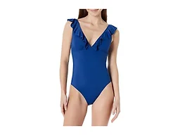 Amazon Essentials Women's Ruffle V-Neck One-Piece Swimsuit, Deep Blue, X-Large