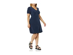 Amazon Essentials Women's Short Sleeve V-Neck Gathered Flattering Fit and Flare Dress, Navy, Medium