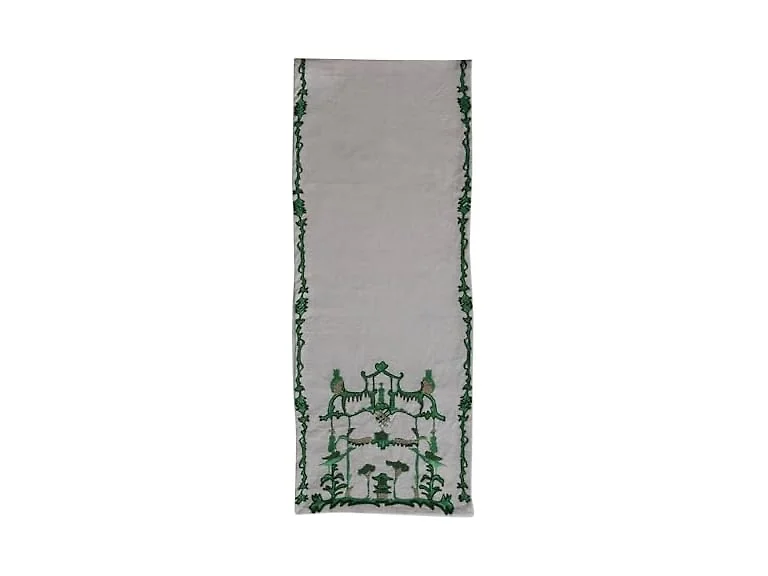 Creative Co-Op Woven Cotton Slub Printed Table Runner Cream and Green