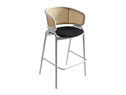 LeisureMod Ervilla Wicker Bar Stool with Fabric Seat and White Steel Frame - Black leather