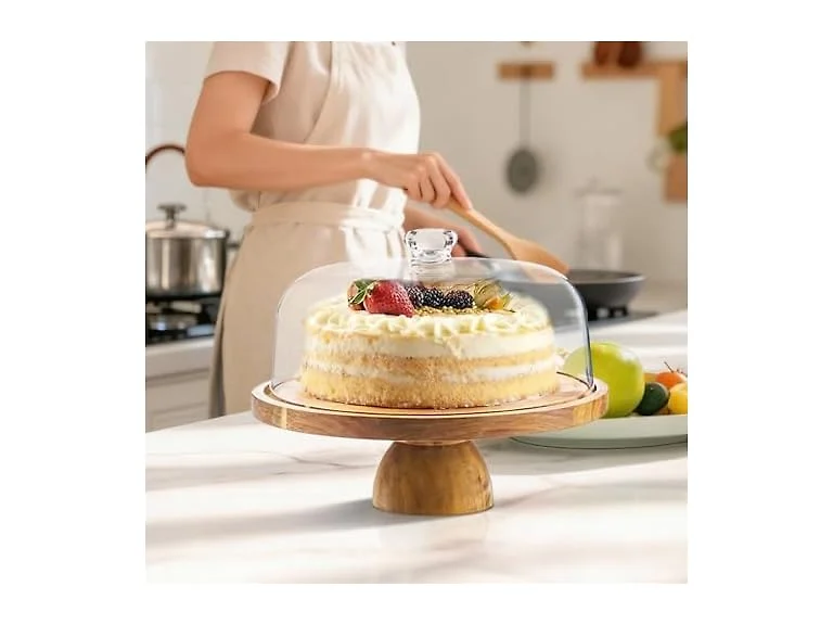 Takywep 2-in-1 Acacia Wood Cake Stand with Large Acrylic Dome 