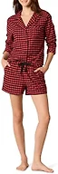 Amazon Essentials Women's Lightweight Woven Pajama Set with Shorts, Red Black Mini Buffalo Plaid, Medium