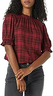 Amazon Essentials Women's Fluid Twill Short Puff Sleeve Smock Detail Shirt, Red Black Handkerchief Plaid, XX-Large