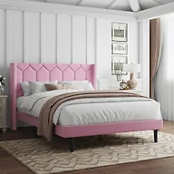 IOILORI Full Size Bed Frame with Velvet Upholstered Headboard, Platform Bed Frame No Box Spring Needed, Modern Bedframe with Strong Wooden Slats, Pink