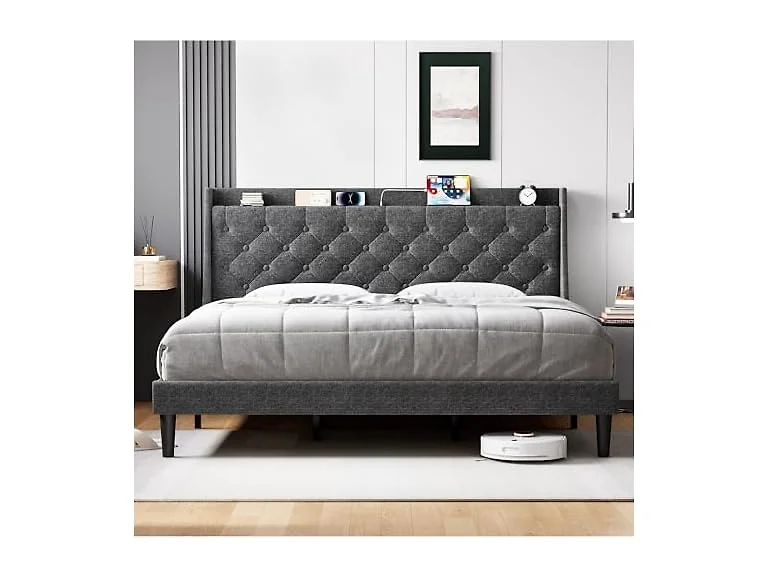 GAOMON Full Bed Frame, Charging, Grey