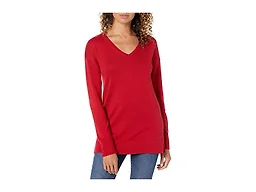 Amazon Essentials Women's Lightweight V-Neck Tunic Sweater, Long Sleeve, Ribbed (Available in Plus Size), Red, Medium