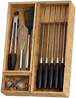 KOCWELL Bamboo Drawer Organizer with Knife Block, 3 Removable Silverware Drawer Organizer Bins - Multi-Use for Kitchen Utensils, Office, Makeup, Tools Storage
