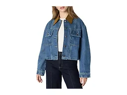 Amazon Essentials Women's Oversized-Fit Cropped Denim Jacket with Contrast Corduroy Collar, Medium Blue Vintage, Medium