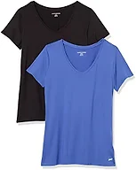 Amazon Essentials Women's Active Quick Dry Tech Stretch Short-Sleeve V-Neck T-Shirt, Moisture-Wicking, Pack of 2, Black/Bright Blue, X-Small