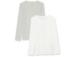 Amazon Essentials Women's Slim-Fit Long Sleeve Rib Knit Crew Neck Top, Pack of 2, Grey Heather/White, Large