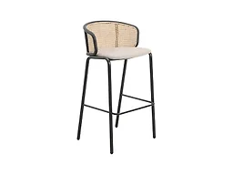 LeisureMod Ervilla Mid-Century Modern Wicker Bar Stool with Fabric Seat and Black Powder Coated Steel Frame for Kitchen and Dining Room in Beige