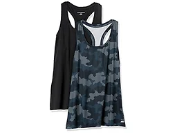 Amazon Essentials Women's Active Quick Dry Tech Stretch Racerback Scoop Neck Tank Top, Pack of 2, Black/Grey Camo, Small