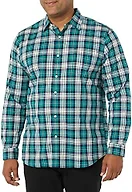Amazon Essentials Men's Long-Sleeve Slim-Fit Stretch Poplin Shirt Shirt, Teal/White, Plaid, Small