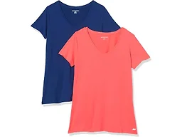 Amazon Essentials Women's Active Quick Dry Tech Stretch Short-Sleeve V-Neck T-Shirt, Moisture-Wicking, Pack of 2, Coral Orange/Navy, Small