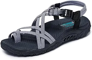 Skechers womens Reggae - IRIE MON -Multi Strap Toe Thong Sandal , Black/White, 10