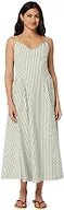 Amazon Essentials Women's Fit & Flare Thin Strap Cotton Poplin Midi Dress, Washed Khaki Green Even Stripe, Large