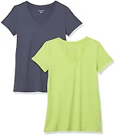 Amazon Essentials Women's Active Quick Dry Tech Stretch Short-Sleeve V-Neck T-Shirt (Available in Plus Size), Pack of 2, Lime Green/Slate Grey, Small