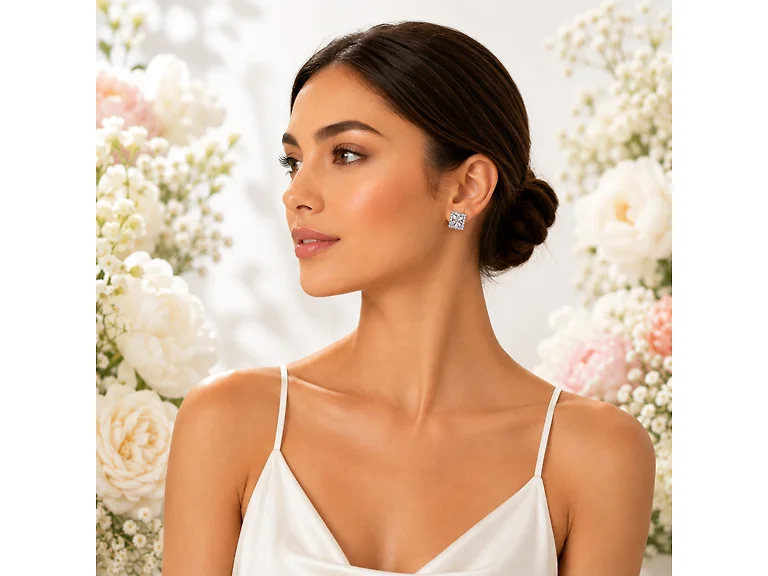 S/S Silver Tone Floral Cluster Cubic Zirconia Stud Earrings