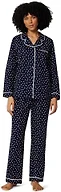 Amazon Essentials Women's Cotton Stretch Poplin Pajama Set, Long Sleeve Button-Down Shirt with Pants, Navy Ivory Dot, X-Small