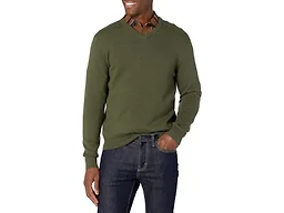 Amazon Essentials Men's Regular Fit Cotton V-Neck Pullover Sweater (Available in Big & Tall), Olive Heather, Large