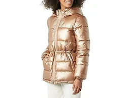 Amazon Essentials Women's Heavyweight Quilted Hooded Puffer Winter Jacket with Adjustable Waist, Metallic Taupe, Small