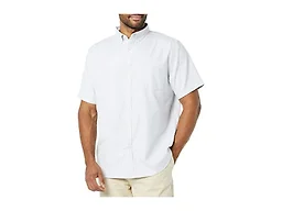 Amazon Essentials Men's Slim-Fit Short Sleeve Stretch Oxford Shirt with Pocket, Powder Blue Vertical Stripe, Medium