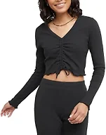 Hanes Women's Originals Rib Shirred Crop Top, Long Bell Sleeve Shirt, Lettuce Edge Hem