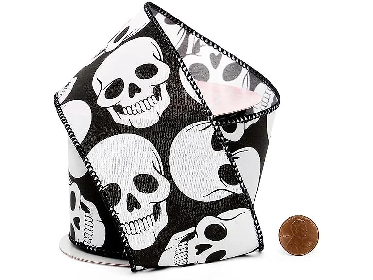  Black/White Skulls Satin Wired Ribbon Halloween