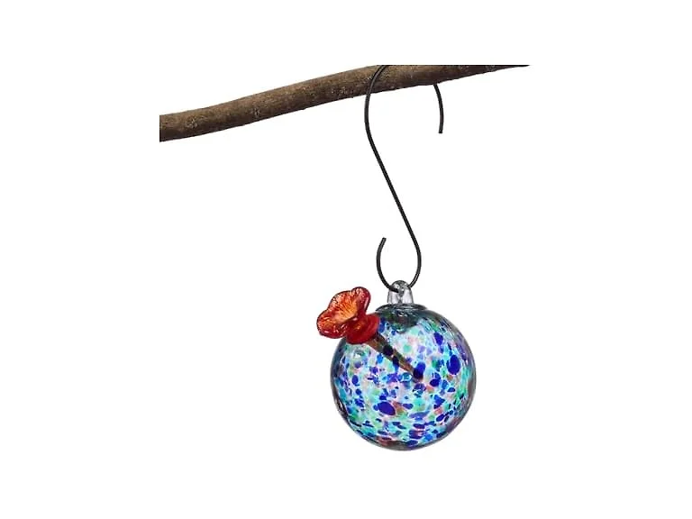 Red Carpet Studios Hummingbird Feeder Hand-Blown Art Glass, Hanging Birdfeeder with Red Flower Feeding Port, 5.5" Round Turquoise