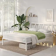 Novilla Full Size Bed Frame with Headboard, Metal Platform Bed Frame, Heavy Duty, No Box Spring Needed, Wood Slat Support, Easy Assembly, White