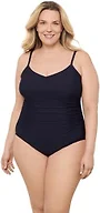 Aqua Green Women's Princess Seam Adjustable V-Neck Side Shirred One Piece Swimsuit with Tummy Compression, True Navy, Large