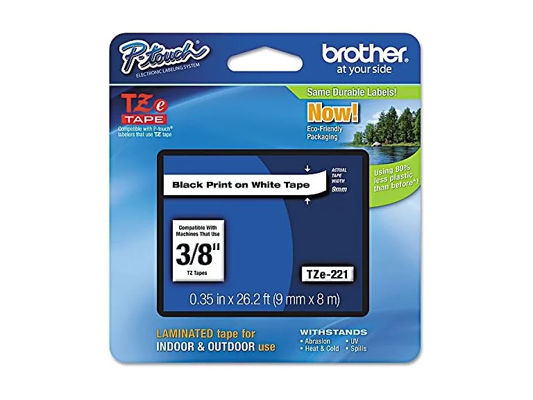 Brother(R) TZe-221 Black-On-White Tape, 0.38in. x 26.2ft., BRTTZ221