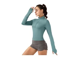 GGOV Crop Tops Women's Long Sleeve Workout Shirt with Half Zip Closure, Slim Fit, and Buttery-Soft Fabric Green S