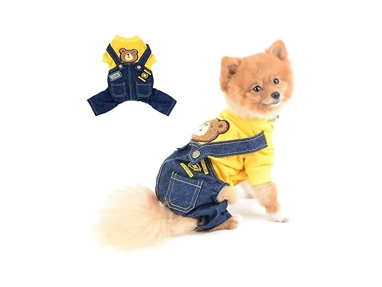Bear Patch Denim Overalls for Small Dogs, Ye