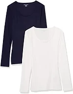 Amazon Essentials Women's Long Sleeve Slim-Fit Rib Scoop Neck Sweater, Fall Tops, Pack of 2, Navy/White, Large