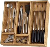 KOCWELL Bamboo Silverware Drawer Organizer with Knife Block, 5 Removable Drawer Organizer Bins - Multi-Use for Kitchen Utensils, Office, Makeup, Tools Storage